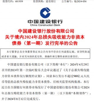 建设银行：成功发行500亿元非资本债券
