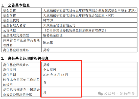 不当基金经理也要离职！大成基金吴翰封闭期清仓式卸任所有产品...  第2张