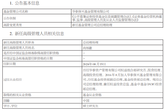 华泰保兴基金新任尚烁徽为总经理助理 管理产品年化回报6.77%跑赢同期沪深300指数  第1张
