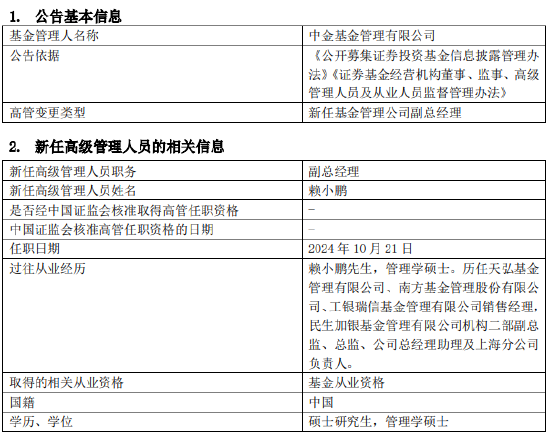 中金基金新任赖小鹏为副总经理 曾任民生加银基金总经理助理  第1张
