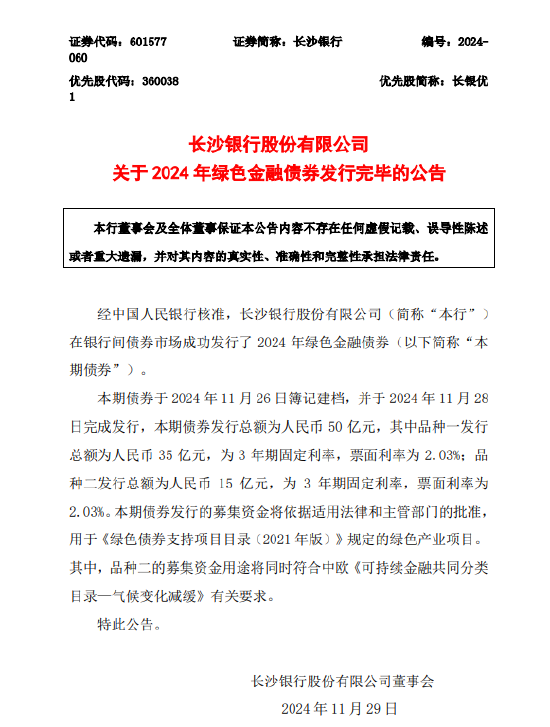 长沙银行：2024年绿色金融债券发行完毕  第1张
